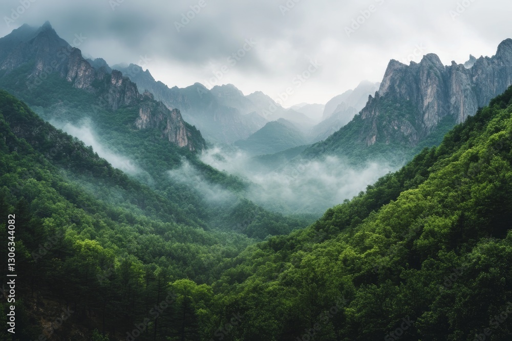 Fototapeta premium Majestic mountains and a dense forest landscape, with a misty atmosphere, perfect for nature photography.