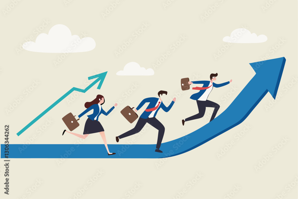 Growth strategy, career path development or growing business, employee training or improvement, job promotion concept, businessman people employees running on career path arrow in rising up direction. Growth strategy, career path development or growing business, employee training or improvement, job promotion concept, businessman people employees running on career path arrow in rising up direction.