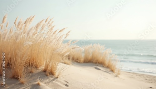 Fototapeta Naklejka Na Ścianę i Meble -  Beige pampas grass on sand dune at sea beach with horizon line. Coastal nature background with sky, sea, sand, reed plumes. Soft sunny light seaside landscape. Tranquil scene at waterside with copy