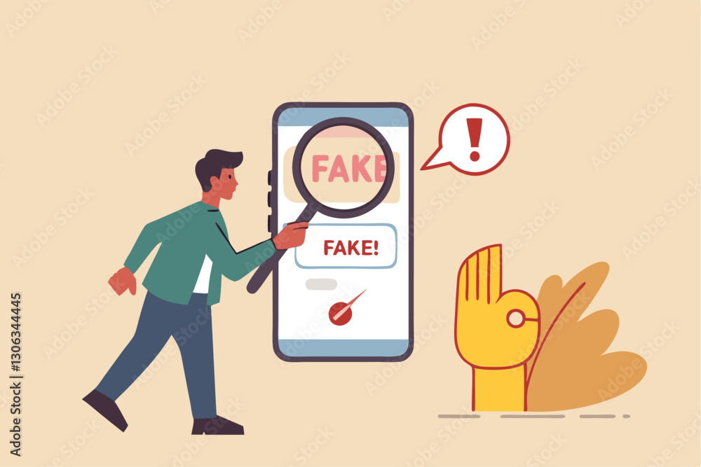 Fake news, false information sharing on social media, hoax or lies censorship, fake website cheating, scam or dishonesty report concept, man magnifying glass on social media as fake news attention. Fake news, false information sharing on social media, hoax or lies censorship, fake website cheating, scam or dishonesty report concept, man magnifying glass on social media as fake news attention.