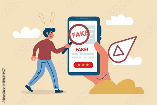 Fake news, false information sharing on social media, hoax or lies censorship, fake website cheating, scam or dishonesty report concept, man magnifying glass on social media as fake news attention.