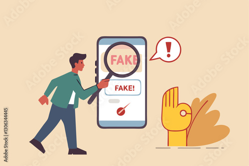Fake news, false information sharing on social media, hoax or lies censorship, fake website cheating, scam or dishonesty report concept, man magnifying glass on social media as fake news attention.