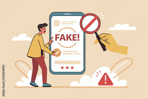 Fake news, false information sharing on social media, hoax or lies censorship, fake website cheating, scam or dishonesty report concept, man magnifying glass on social media as fake news attention.