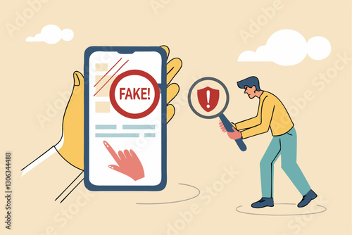 Fake news, false information sharing on social media, hoax or lies censorship, fake website cheating, scam or dishonesty report concept, man magnifying glass on social media as fake news attention.