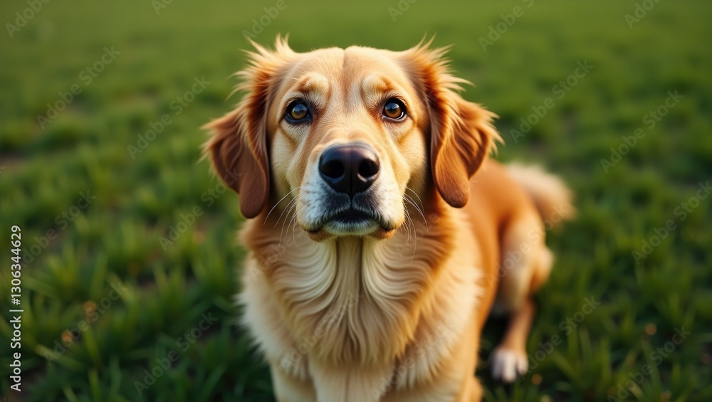 The adorable stray dog sits on the grass, appearing quite forlorn. The adorable stray dog sits on the grass, appearing quite forlorn.