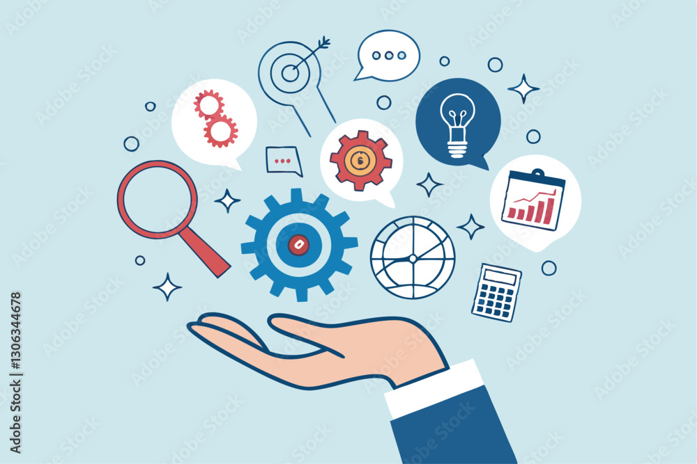 Skill, work experience or ability development, expertise success, leadership or communication to success, learning skills, wisdom concept, businessman hand hold multiple skills set to achieve success. Skill, work experience or ability development, expertise success, leadership or communication to success, learning skills, wisdom concept, businessman hand hold multiple skills set to achieve success.