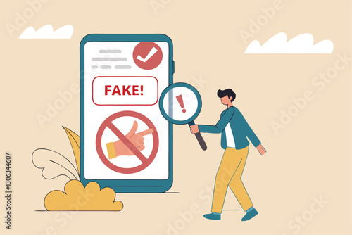 Fake news, false information sharing on social media, hoax or lies censorship, fake website cheating, scam or dishonesty report concept, man magnifying glass on social media as fake news attention.