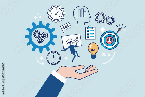 Skill, work experience or ability development, expertise success, leadership or communication to success, learning skills, wisdom concept, businessman hand hold multiple skills set to achieve success.