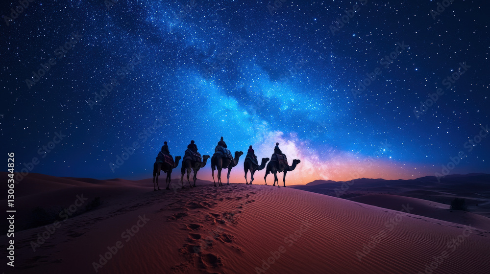 Naklejka premium A mesmerizing desert caravan crossing golden sand dunes under a breathtaking night sky filled with stars.