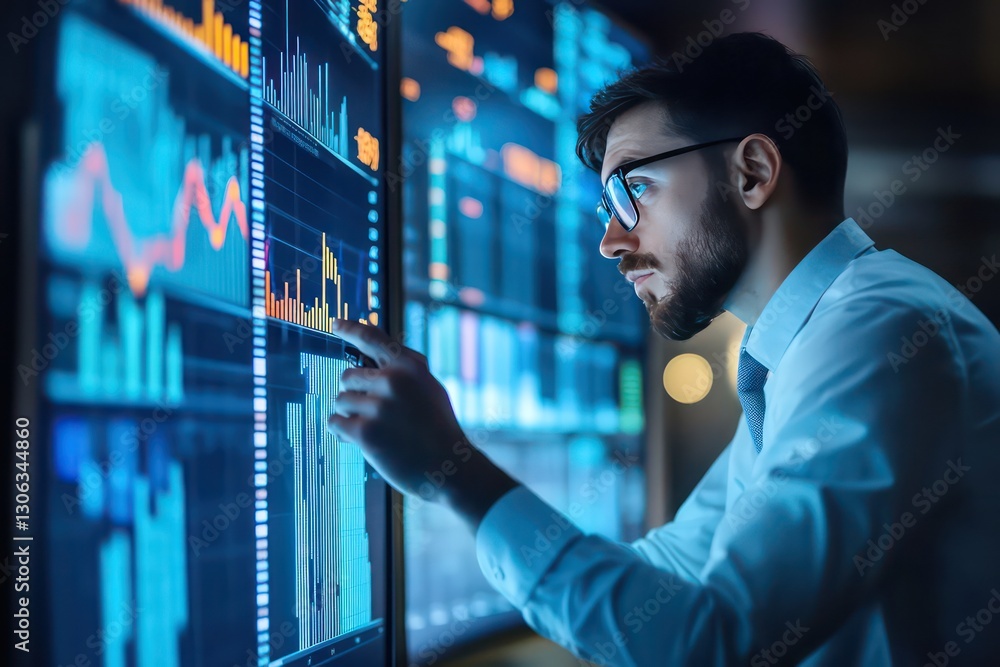 professional assessing real-time analytics, stock market trends in background. professional assessing real-time analytics, stock market trends in background.