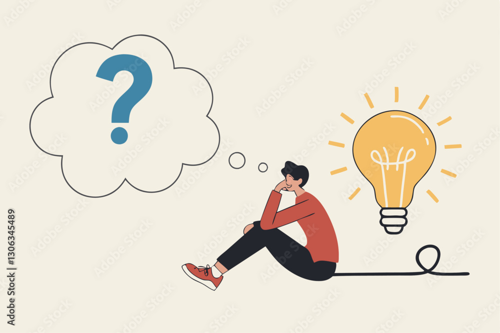 Problem solving skill, critical thinking or finding solution to solve problem, answer question, creativity or imagination, businessman on thinking bubble connect question mark to lightbulb solution. Problem solving skill, critical thinking or finding solution to solve problem, answer question, creativity or imagination, businessman on thinking bubble connect question mark to lightbulb solution.