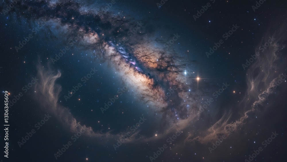 Fototapeta premium Cosmic night sky featuring the Milky Way galaxy alongside stars and cosmic dust in the vast universe.