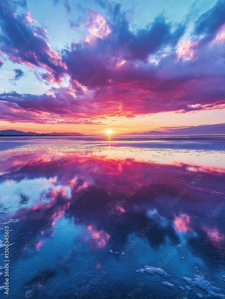 Vibrant Sunset Over Calm Water with Reflection of Clouds and Colors in the Sky, Capturing Serene Beauty at Dusk in Nature's Palette Vibrant Sunset Over Calm Water with Reflection of Clouds and Colors in the Sky, Capturing Serene Beauty at Dusk in Nature's Palette