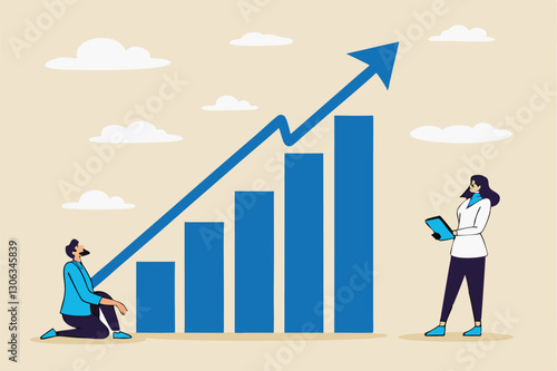 Grow business increase sales and profit, growth or progress to achieve goal and target, improve or development to boost performance concept, business people team looking at high rising up graph arrow.