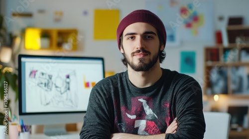 A young male graphic designer poses confidently in a creative workspace, surrounded by artistic tools and a computer display. Ideal for illustrating modern design careers.