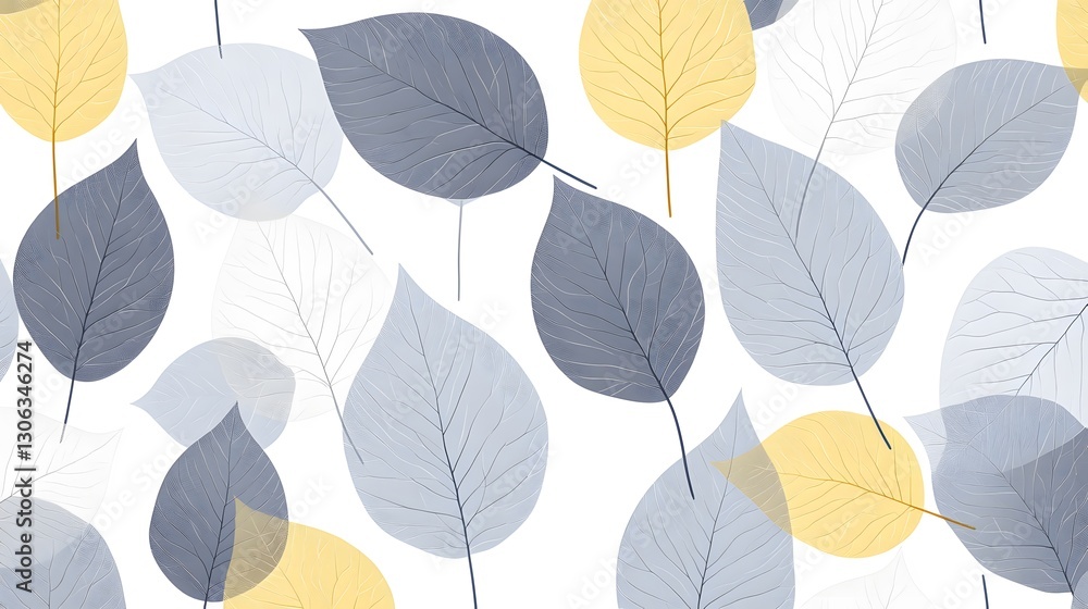 Abstract Skeletons Leaves Seamless Pattern in Blue and Yellow