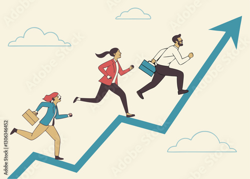 Growth strategy, career path development or growing business, employee training or improvement, job promotion concept, businessman people employees running on career path arrow in rising up direction.