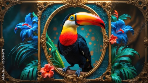 The Toucan features a crimson abdomen, vintage engraved depiction. From Buffon's Complete Works. photo