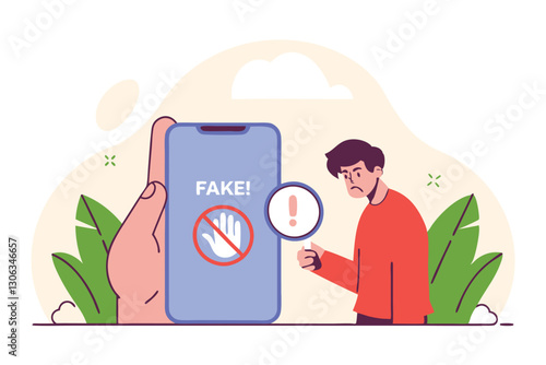 Fake news, false information sharing on social media, hoax or lies censorship, fake website cheating, scam or dishonesty report concept, man magnifying glass on social media as fake news attention.
