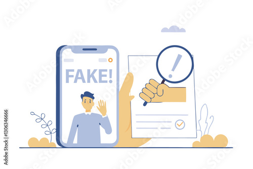 Fake news, false information sharing on social media, hoax or lies censorship, fake website cheating, scam or dishonesty report concept, man magnifying glass on social media as fake news attention.