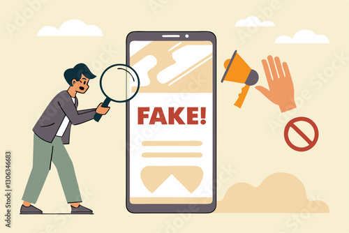 Fake news, false information sharing on social media, hoax or lies censorship, fake website cheating, scam or dishonesty report concept, man magnifying glass on social media as fake news attention.