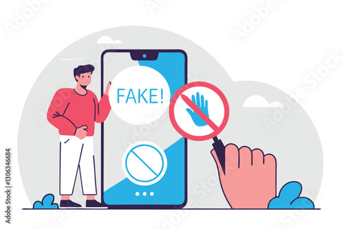 Fake news, false information sharing on social media, hoax or lies censorship, fake website cheating, scam or dishonesty report concept, man magnifying glass on social media as fake news attention.