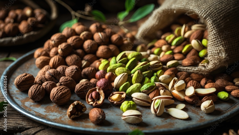 Fototapeta premium A Variety of Oilseeds: This assortment includes various nuts such as walnuts, hazelnuts, pistachios, and almonds. These nutrient-rich seeds are packed with lipids and healthy fats, making them an e...