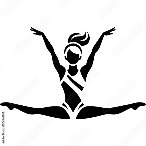 Sport emblem of girl gymnast horizontal split in trampoline jumping in monochrome. Engraving minimalistic vector in black ink drawing on transparent background