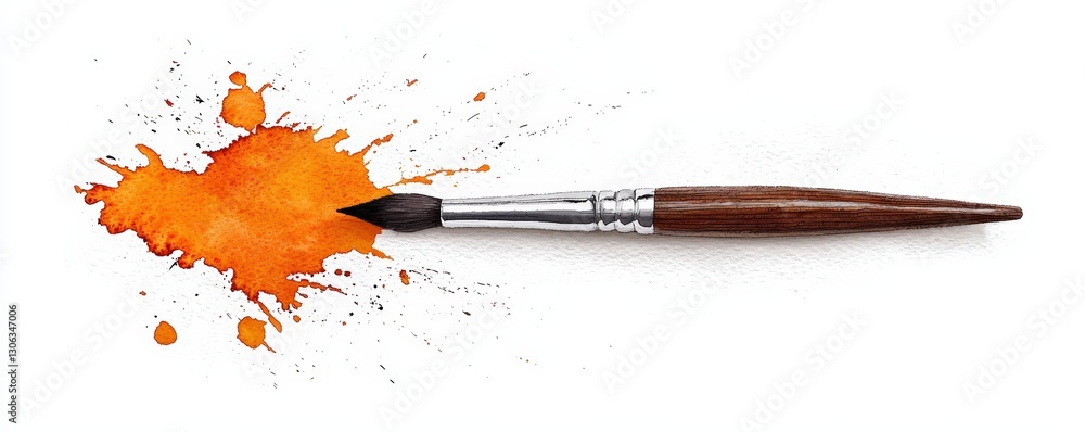 Fototapeta premium A vibrant orange paint splash next to a fine brush, showcasing creativity and artistic expression in a minimalist design.