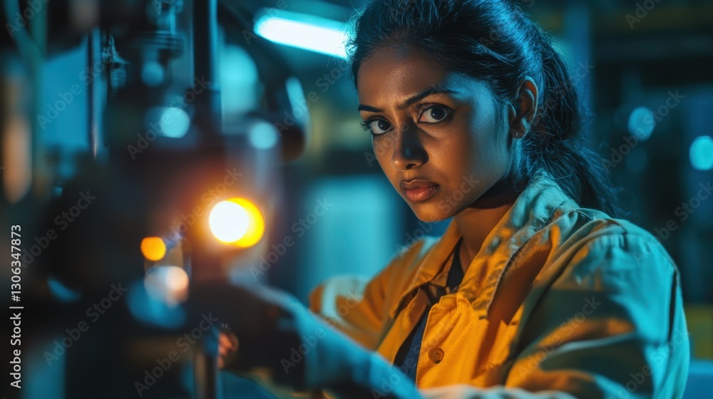 Obraz premium Indian woman maintenance engineer in an industry plant, carefully looking into checklist and machinery with a flashlight, close up shot.