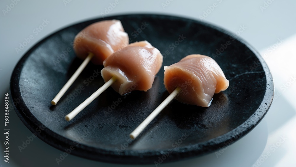 Three uncooked chicken lollipops arranged on a black stone dish against a white background Three uncooked chicken lollipops arranged on a black stone dish against a white background