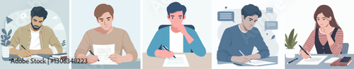 A student looking focused and serious while writing an essay on a piece of paper, with a simple flat design and minimalistic plain white background.
