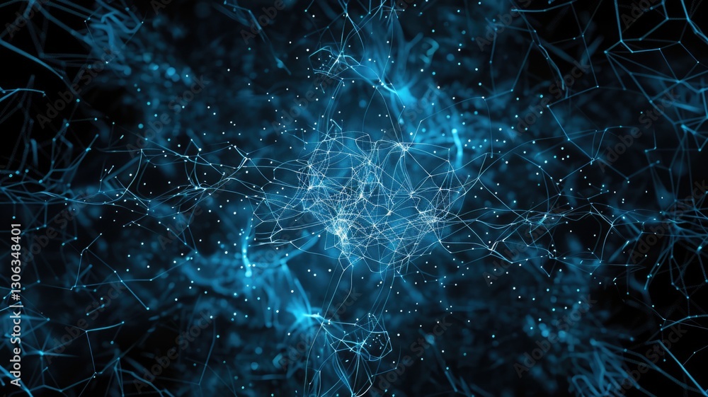 Abstract blue glowing fiber optic strands on a dark background. Abstract image of neuro simulate pattern with glowing blue and dark background. Digital art for design and print. Networking. AIG53. Abstract blue glowing fiber optic strands on a dark background. Abstract image of neuro simulate pattern with glowing blue and dark background. Digital art for design and print. Networking. AIG53.