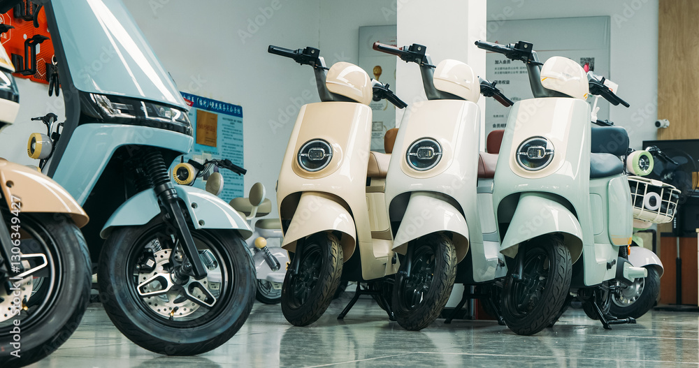 New Electric Scooters. New Scooters Or Plug-in Electric Vehicles Also E-scooters. Ecological Transport. Pollution Problem. Environmental Care. New Generation Of Transport. Shop Of New Electric