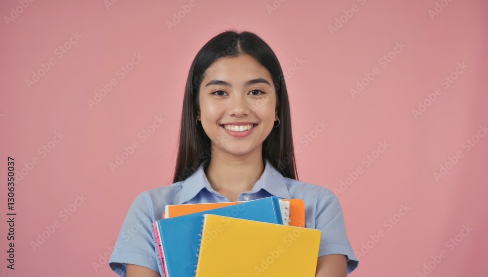 Smiling Student Holding Books Against Pink Background Smiling Student Holding Books Against Pink Background
