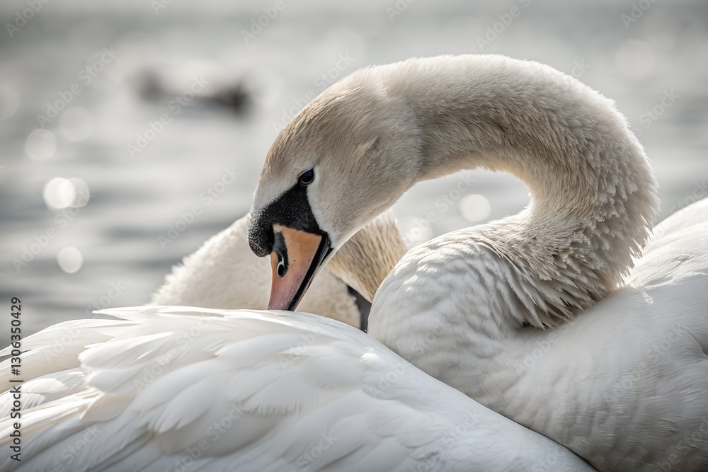 Fototapeta premium Minimalistic photo of a swan gently resting its head on its partner’s back, extreme close-up showing the softness of their embrace, softly blurred background.