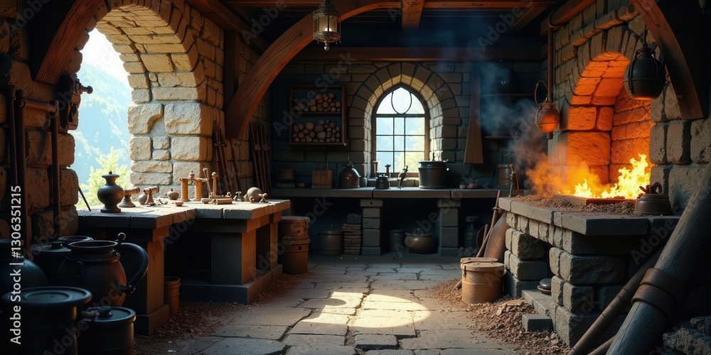 A rustic stone workshop with a fiery forge, ancient tools, and earthenware vessels bathed in sunlight streaming through arched windows A rustic stone workshop with a fiery forge, ancient tools, and earthenware vessels bathed in sunlight streaming through arched windows