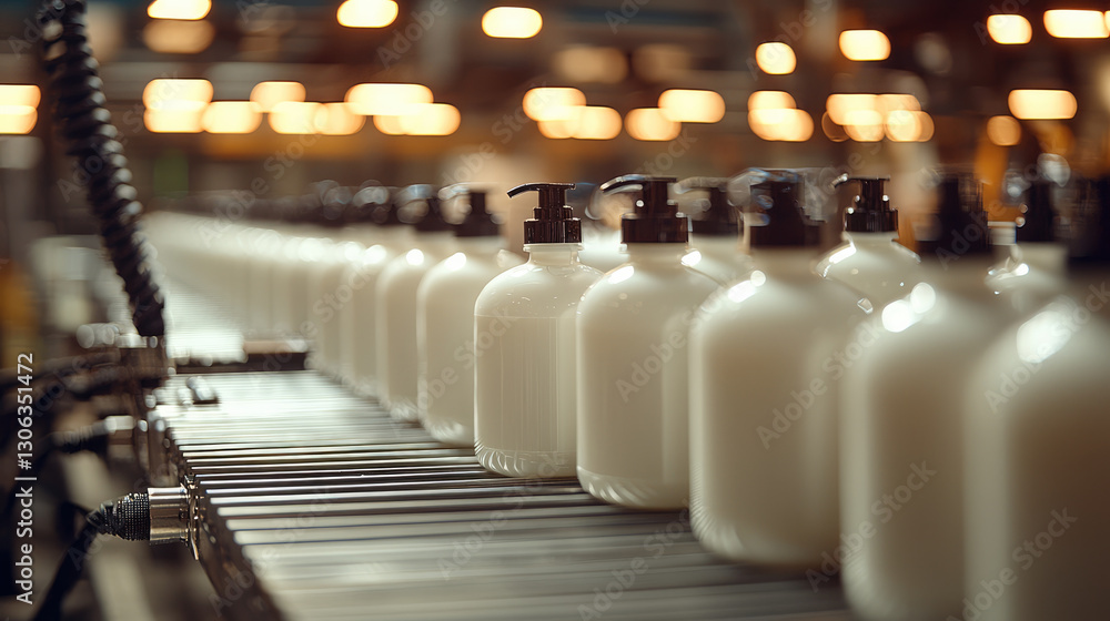 Bottles of shampoo on production line in factory, showcasing industrial efficiency and modern manufacturing processes Bottles of shampoo on production line in factory, showcasing industrial efficiency and modern manufacturing processes