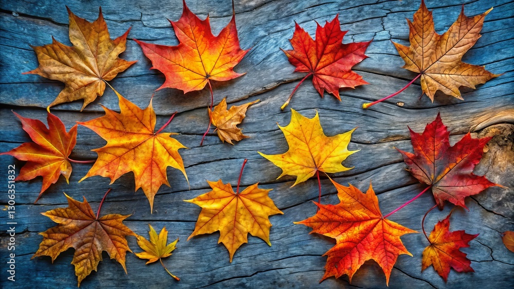 Autumnal Maple Leaves Arranged on Weathered Wood Surface Displaying Vibrant Fall Colors Autumnal Maple Leaves Arranged on Weathered Wood Surface Displaying Vibrant Fall Colors