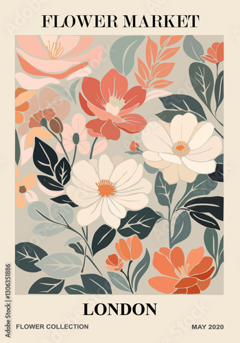 Abstract poster Flower Market London print. Trendy botanical wall art with floral design in danish pastel colors. Modern naive groovy funky interior decoration, painting. Vector art illustration.