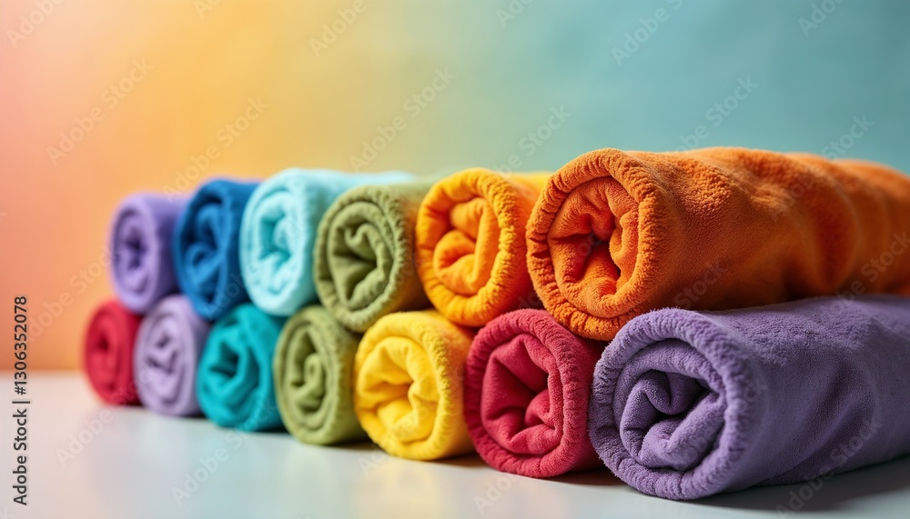 Fototapeta premium Neatly Stacked Colorful Rolled T-Shirts with Rainbow Effect