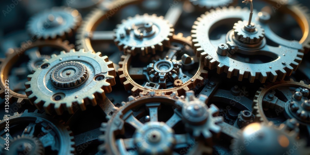 Intricate Machinery A Close-Up View of Interlocking Metal Gears, Illustrating Complex Systems and Precision Engineering