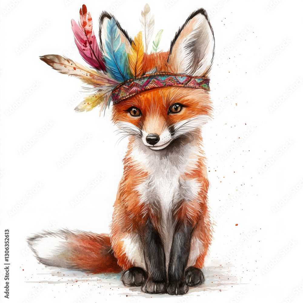 Fototapeta premium cute fox wearing colorful feather headband, showcasing boho style