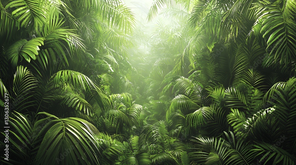 Obraz premium Lush Green Tropical Jungle with Sunlight Beams
