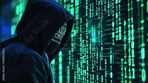 Anonymous hacker in a hoodie with digital numbers on his face standing by a screen
