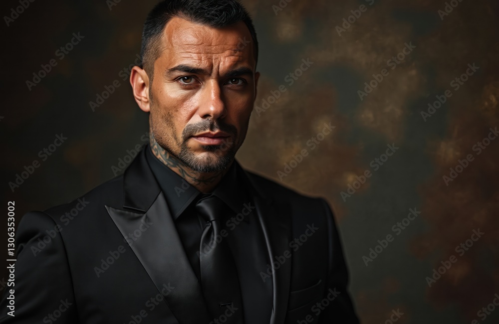 Close-up portrait of tanned hot attractive Italian man with tattoo on neck. Brunette wears luxurious black suit, looks at camera with sensual gaze. Charismatic macho, boss or rich billionaire. Close-up portrait of tanned hot attractive Italian man with tattoo on neck. Brunette wears luxurious black suit, looks at camera with sensual gaze. Charismatic macho, boss or rich billionaire.