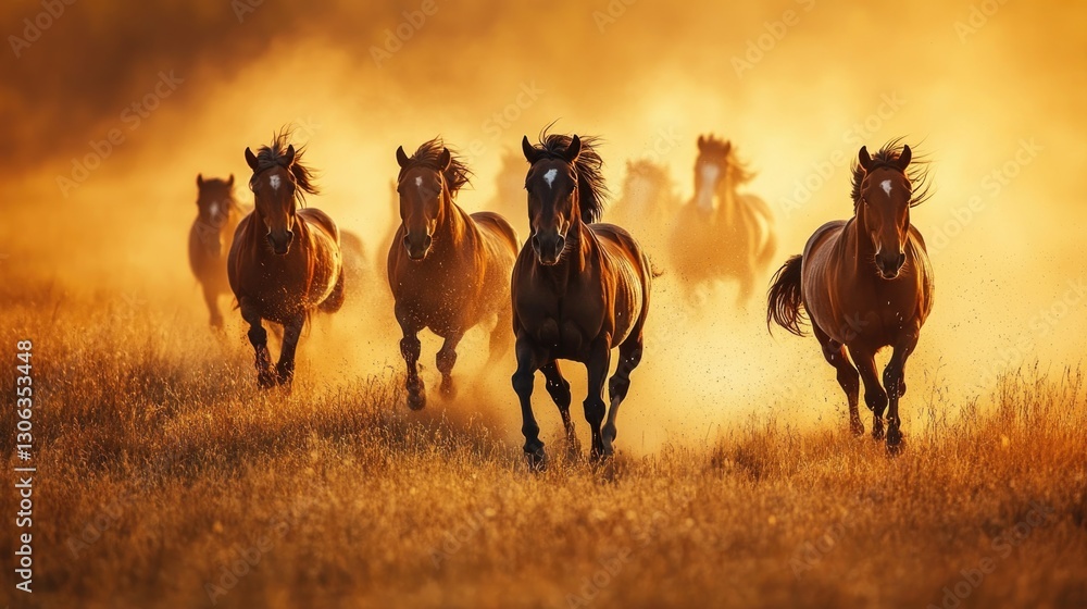 Obraz premium A herd of running brown horses kicking up dust in sunlight