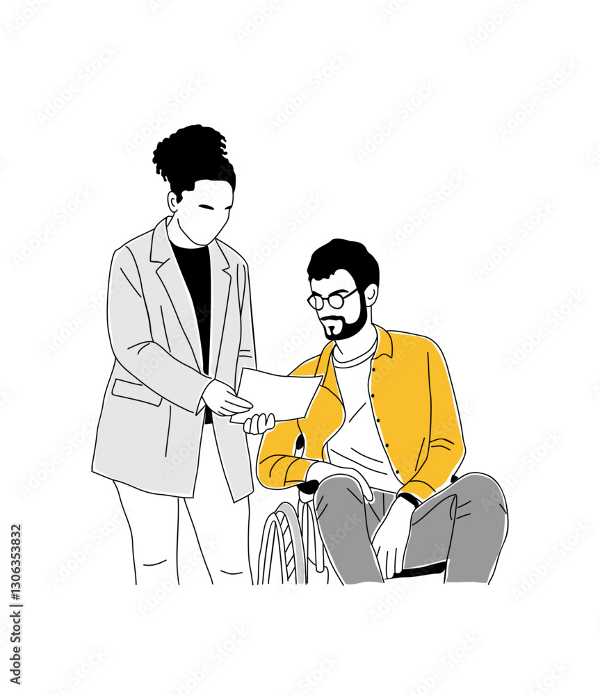 Inclusive business concept illustration. Young black woman and man in wheelchair working together. Vector outline drawing for graphic, web design Isolated Inclusive business concept illustration. Young black woman and man in wheelchair working together. Vector outline drawing for graphic, web design Isolated