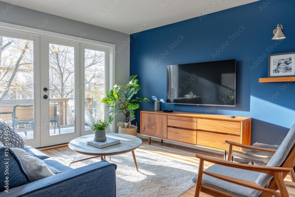 Cozy modern living room with large windows showcasing a serene view. Cozy modern living room with large windows showcasing a serene view.
