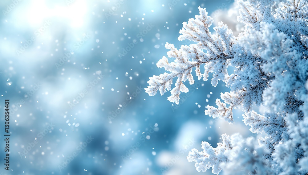 Closeup of Snowy Branches with Delicate Falling Snowflakes in Winter Scene Closeup of Snowy Branches with Delicate Falling Snowflakes in Winter Scene